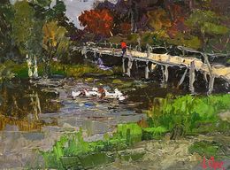 Gemälde, Ducks on the lake near the bridge, Oksana Ivanyuk