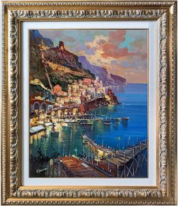 Painting, Towards the evening vertical version - Amalfi Italy painting & frame, Vincenzo Somma