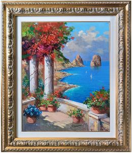 Painting, Terrace on the sea stacks vertical version - Capri Italy painting & frame, Vincenzo Somma