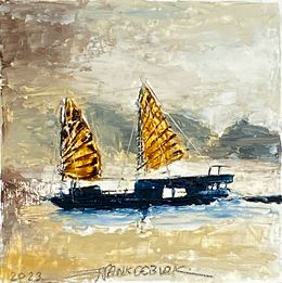 Gemälde, Une Jonque sur le Lac TaiHu - Jiangsu, Chine, Frank De Blok