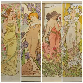 Print, The Flowers, Set of 4, Alphons Mucha