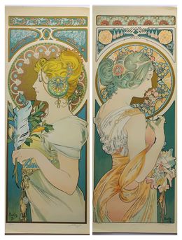 Print, Primrose & Feather, Set of 2, Alphons Mucha