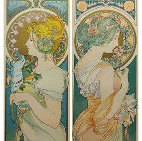 Print, Primrose & Feather, Set of 2, Alphons Mucha