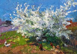 Gemälde, Flowering tree and chickens, Boris Serdyuk
