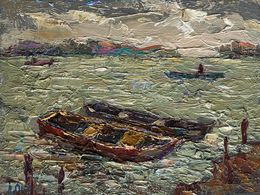 Gemälde, Boats near the pier, Oksana Ivanyuk