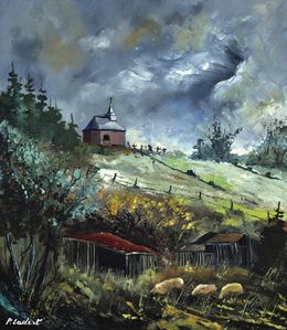 Painting, Three shhep in my countryside, Pol Ledent