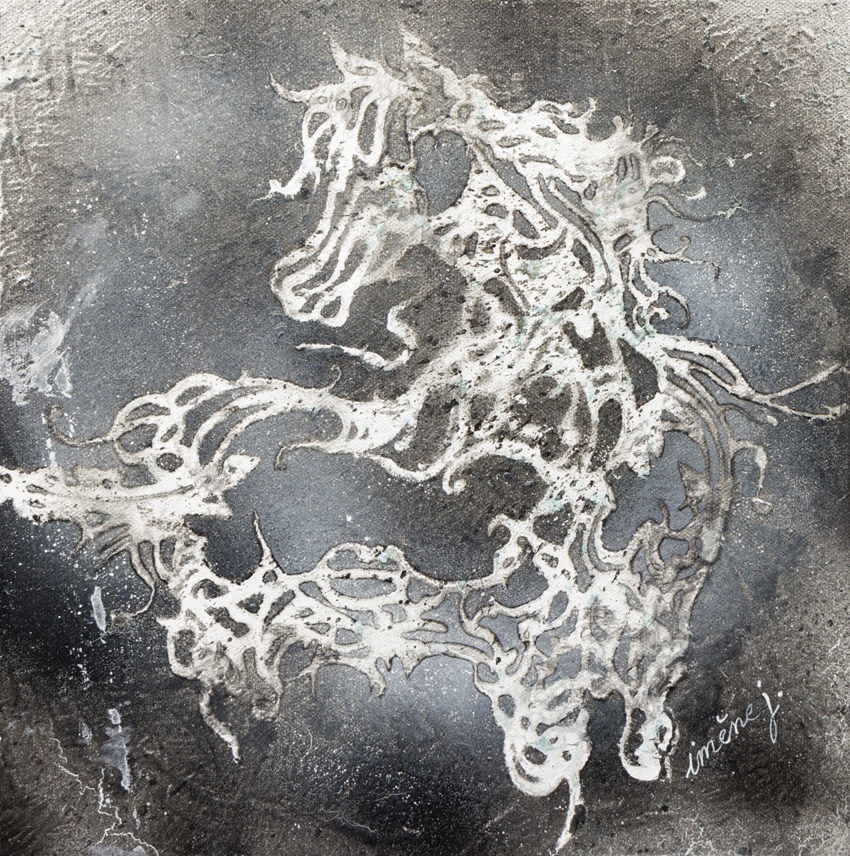 Imene J, La fugue du cheval, équilibre en mouvement - série: Cheval en calligraphie arabe sur fond abstrait Imene J, La fugue du cheval, équilibre en mouvement - série: Cheval en calligraphie arabe sur fond abstrait
