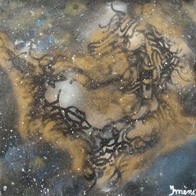 Gemälde, L’élan cosmique, le cheval qui se défie - série: Cheval en calligraphie arabe sur fond abstrait, Imene J