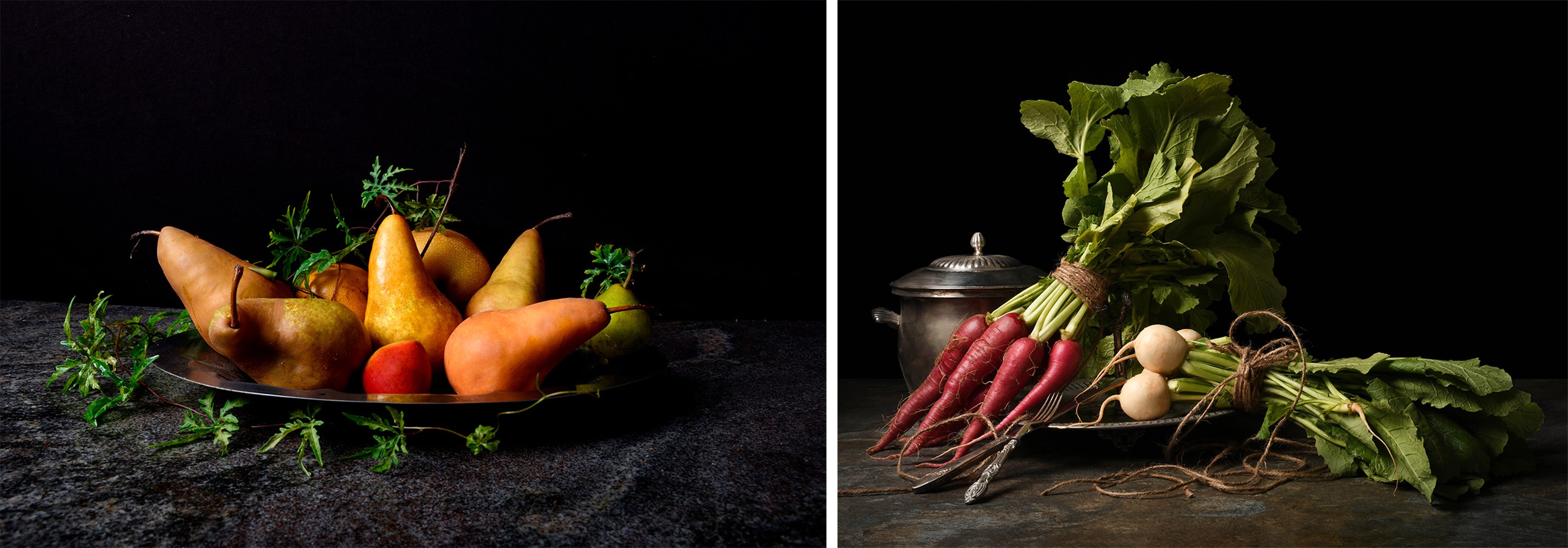 Dora Franco, Peras con bandeja I and Nabos, Diptych Dora Franco, Peras con bandeja I and Nabos, Diptych