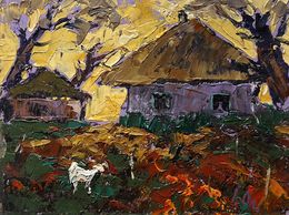Gemälde, Yellow sunset behind houses, Ivanyuk Oleksiy