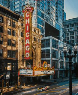 Painting, Chicago theater at dusk, Marco Barberio