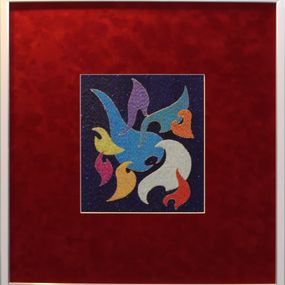 Gemälde, Night dances. Embroidery painting in red velvet design., Ludmila Korets