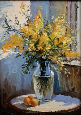Peinture, Bouquet of mimosa in a transparent vase by the window., Schagen Vita