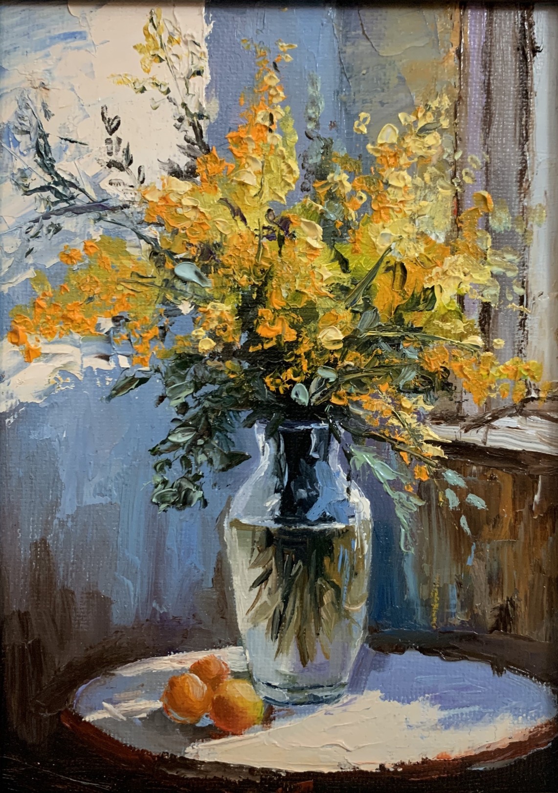 Schagen Vita, Bouquet of mimosa in a transparent vase by the window. Schagen Vita, Bouquet of mimosa in a transparent vase by the window.