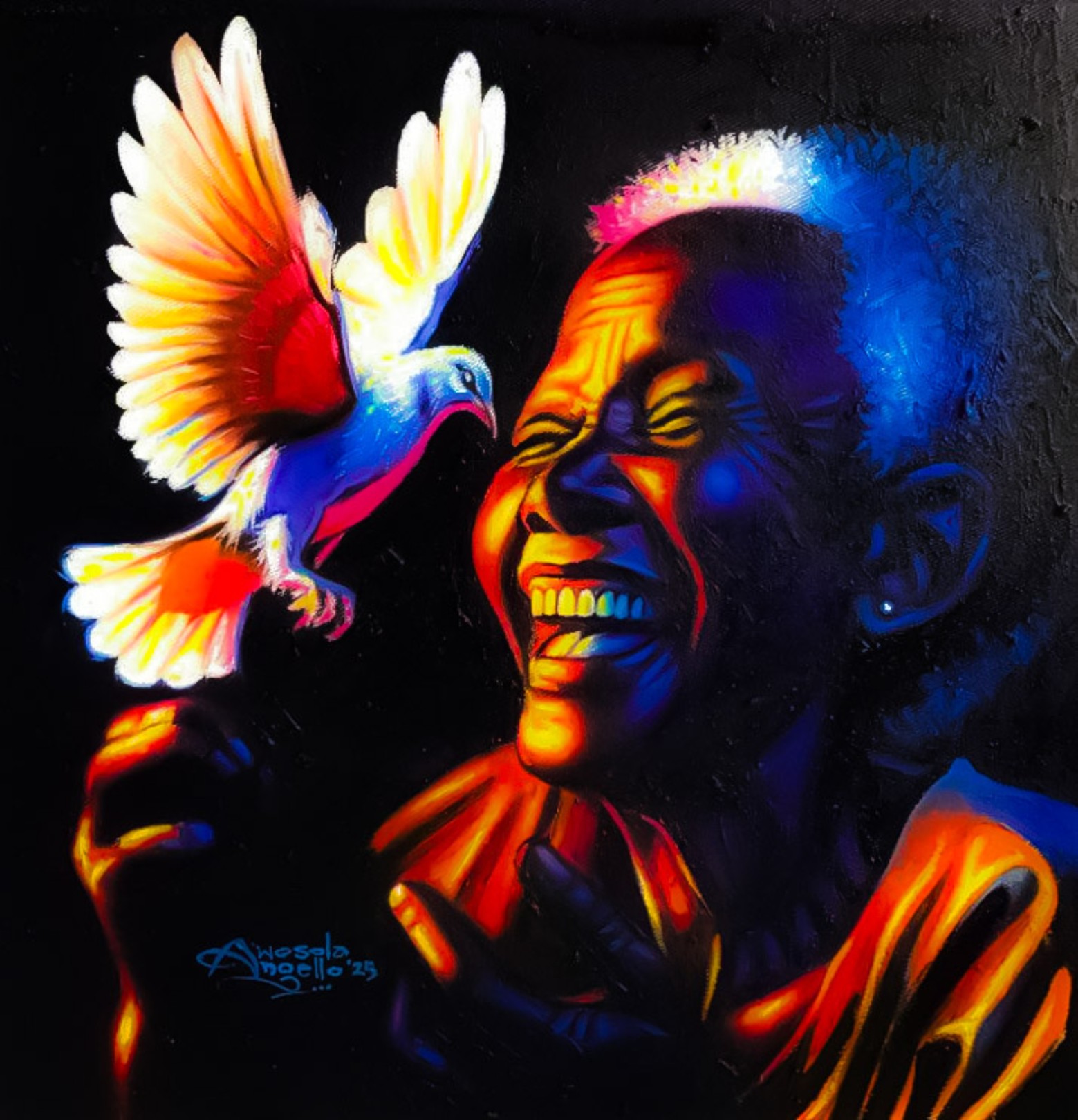 Awosola Michael Angello, Goodnews 3 - 21st Century, Contemporary, Figurative, Portrait, Bird, Happiness Awosola Michael Angello, Goodnews 3 - 21st Century, Contemporary, Figurative, Portrait, Bird, Happiness