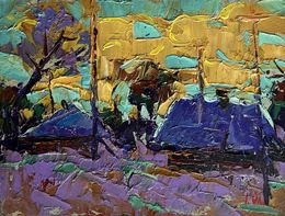 Gemälde, Cold evening in the village, Ivanyuk Oleksiy