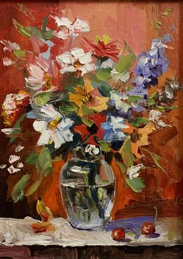 Peinture, Bouquet of White flowers in a blue vase on red. Still life, Schagen Vita