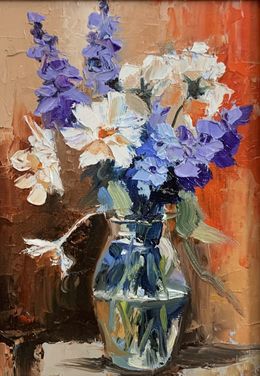 Peinture, Bouquet of White flowers in a blue vase on red. Still life, Schagen Vita