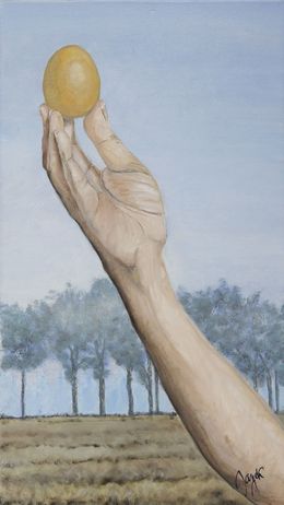 Painting, Oeuf de poule élevé en plein air - Figuration humoristique entre titre et oeuvre, Janek