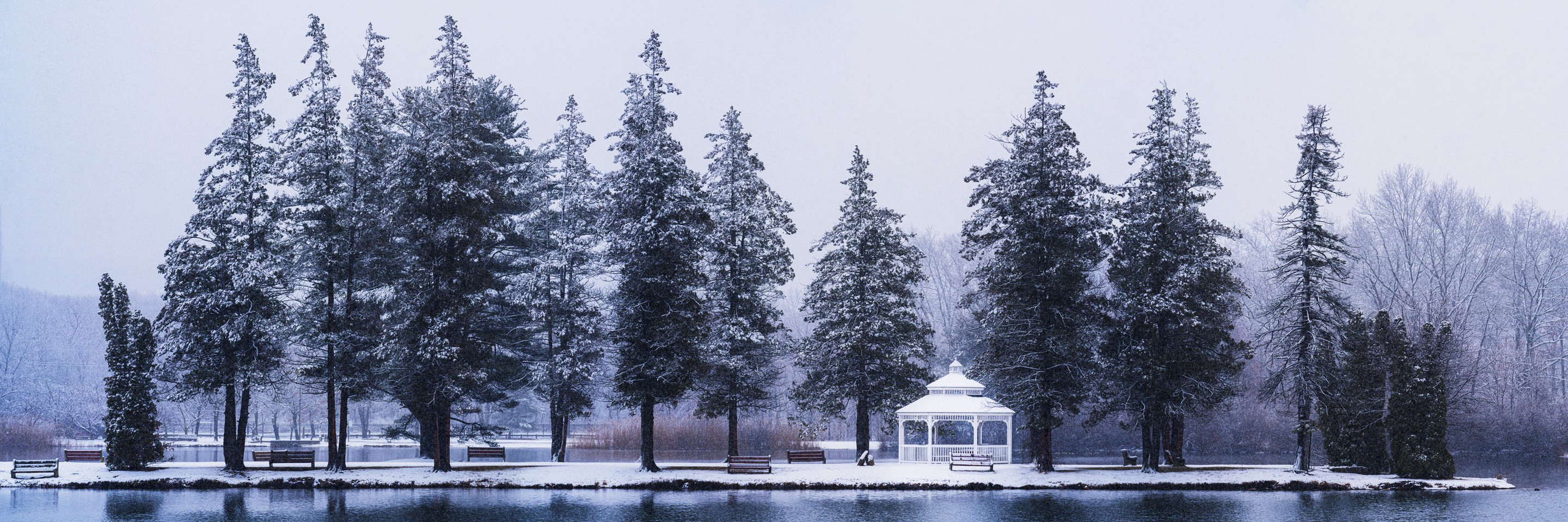 Beyti Barbaros, Panoramic winter scene with trees and a gazebo Beyti Barbaros, Panoramic winter scene with trees and a gazebo