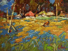 Gemälde, A cow in a field near a village, Oksana Ivanyuk