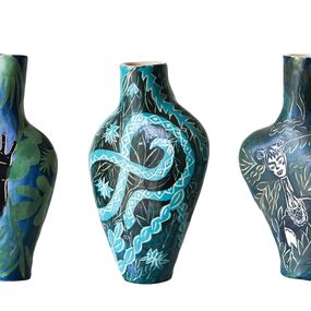 Design, Helping Hand, Charming Snakes and Earth Needs Us Both. Ceramic Vase sculptures, Alex Hodge
