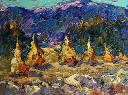 Gemälde, Haystacks and mountain view, Ivanyuk Oleksiy