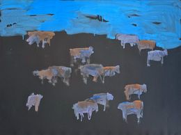 Dessin, Midnight Angus Drawing #3 (Midwest, Cattle, Mid-Century, Prairie, Blue), Theodore Waddell