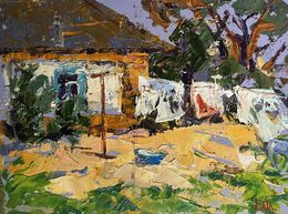 Gemälde, Clothes are drying in the yard, Ivanyuk Oleksiy