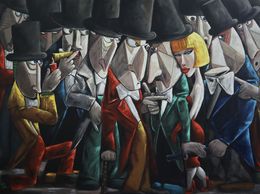 Painting, 12 Angry men and a Lady in red, Ta Byrne