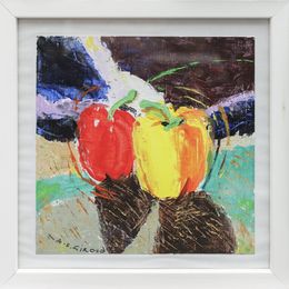 Gemälde, Deux piments - série légumes et fruits aux couleurs vives, Annie-France Giroud