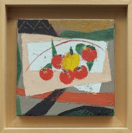 Gemälde, Poivron jaune et tomate - série légumes et fruits aux couleurs vives, Annie-France Giroud