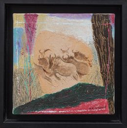 Gemälde, Buffalos - Animaux sauvages sur fond graphique abstrait, Annie-France Giroud