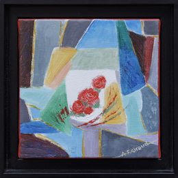 Gemälde, Roses de Noël - Fleurs sur fond abstrait géométrique, Annie-France Giroud
