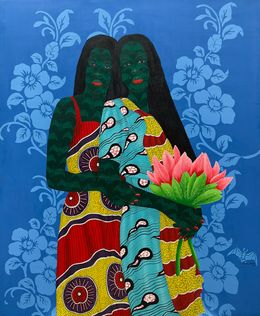 Painting, Sisters in Yellow 5 - 21st Century, Contemporary, Figurative, Love African Fabric, Oluwafemi Afolabi