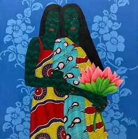Gemälde, Sisters in Yellow 5 - 21st Century, Contemporary, Figurative, Love African Fabric, Oluwafemi Afolabi
