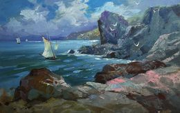 Gemälde, Seagulls and rocky shore in the sea, Suprunchuk Yuriy
