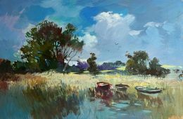 Gemälde, Three boats on the river, Suprunchuk Yuriy