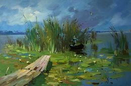 Gemälde, On a boat near the reeds, Suprunchuk Yuriy