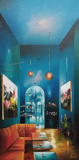 Painting, The blue Cafe, Jean-Michel Cavalli