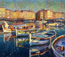 Peinture, Boats at the pier, Evgeny Chernyakovsky