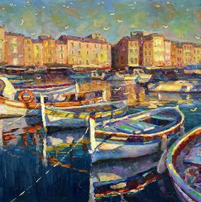 Painting, Boats at the pier, Evgeny Chernyakovsky
