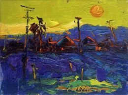 Peinture, Yellow sunset over the village, Oksana Ivanyuk