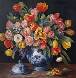 Peinture, Colourful Bouquet in Chinese Vase, Anna Reznikova