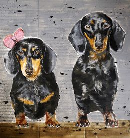 Painting, French school Dachshund Where is my body?07 Family Hunting, Bazévian Delacapucinière
