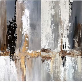 Gemälde, Golden Passage Diptych. Modern Textured Art in Golden & Gray, Tatiana Malinovscaia