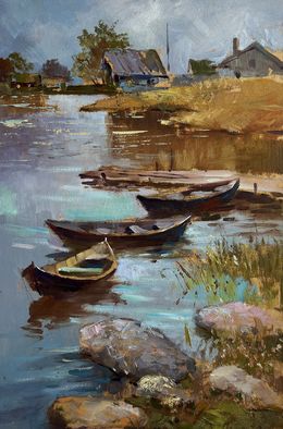 Gemälde, There is a boat port in the village, Suprunchuk Yuriy