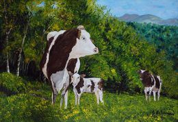 Peinture, Vache normande et son veau, Gyslaine Pachet-Micheneau