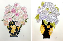 Dessin, Orchids and Hydrangeas, Diptych, Manuel Santelices