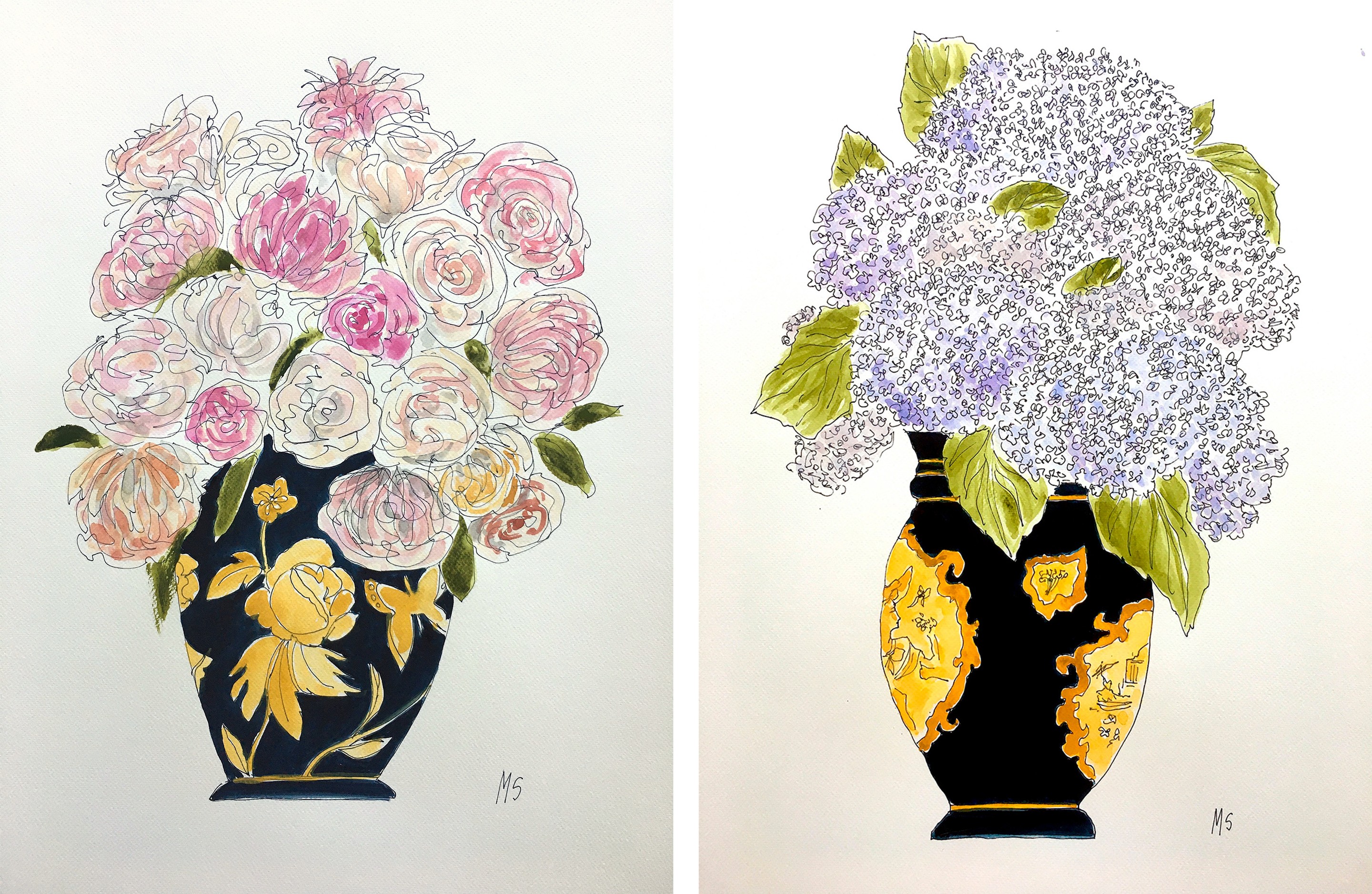 Manuel Santelices, Orchids and Hydrangeas, Diptych Manuel Santelices, Orchids and Hydrangeas, Diptych